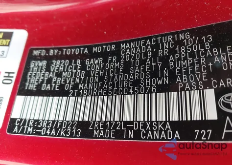 2014 Toyota Corolla S Plus z USA, uszkodzony, nr VIN 2T1BURHE5EC045076